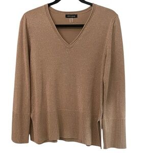 Cable & Gauge Women's V-Neck Sweater Shimmery Gold Glitter Sz Large L Holiday